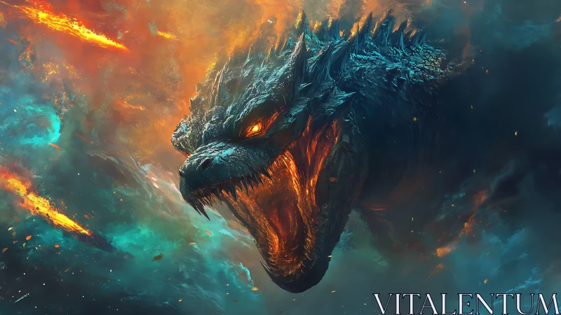Volcanic cosmic dragon roars through blazing nebula storm.