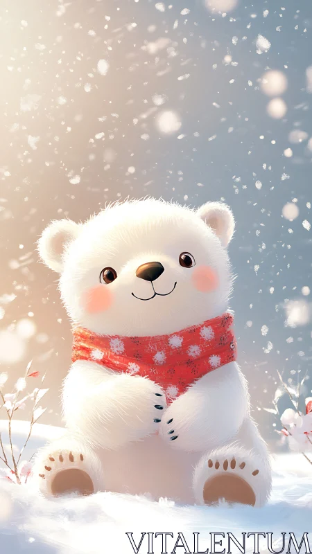 Adorable polar bear cub smiles in softly falling snowflakes.
