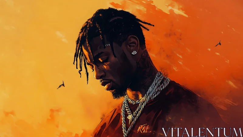 Side-lit portrait of braided man against high-saturation orange field