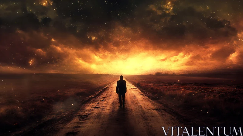 Solitary figure walks road toward blazing cosmic horizon
