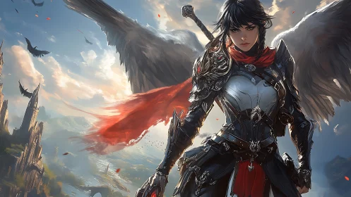 Winged crusader in baroque plate harness over stormed citadel.