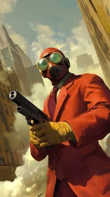 Gas-masked gunman stalks sunlit city canyons in red suit.
