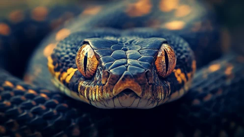 Close view of coiled snake head with intense orange eyes.