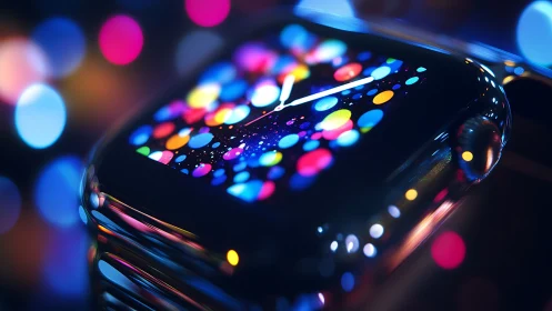 Smartwatch screen glows with vivid abstract light pattern