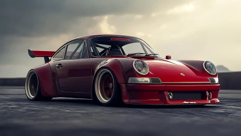 Red widebody sports coupe on overcast outdoor roadway.