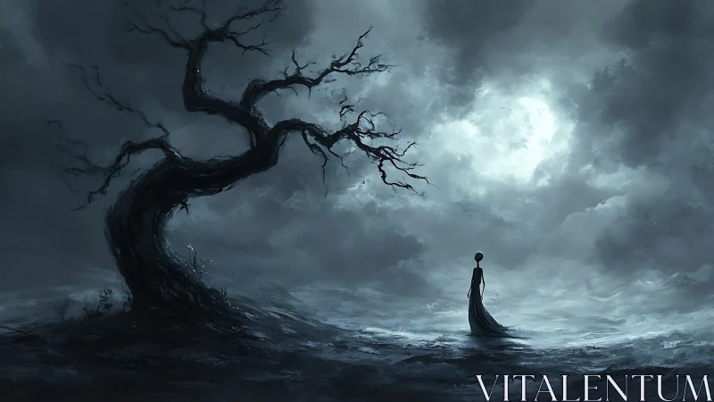 Solitary figure beneath moonlit sky with twisted barren tree.