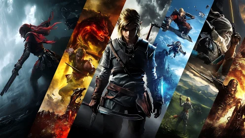 Fantasy warrior montage with segmented action scenes.