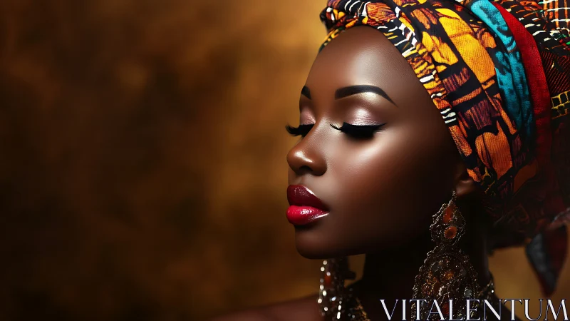 Elegant African Woman Portrait with Colorful Headwrap in Studio.