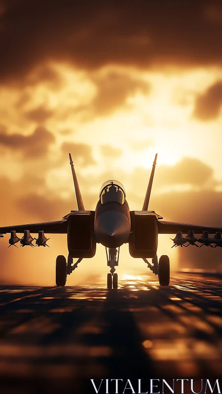 Carrier-based twin-engine fighter jet at golden hour lineup
