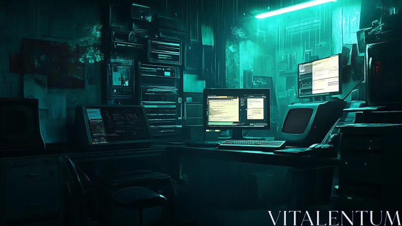 Cyberpunk workstation shows multi-monitor hacking setup
