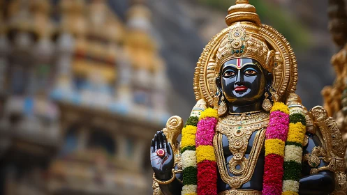 Gilded Hindu deity statue with garlands in temple setting.