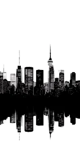 Minimalist city skyline silhouette reflects across still water