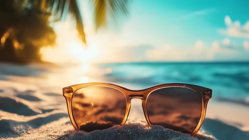 Backlit amber sunglasses in shallow focus on tropical beach
