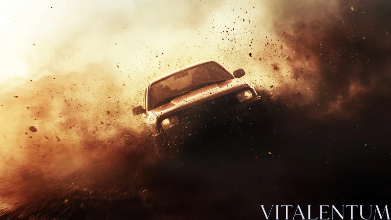 Dusty off-road adventure car charging through golden dusk.