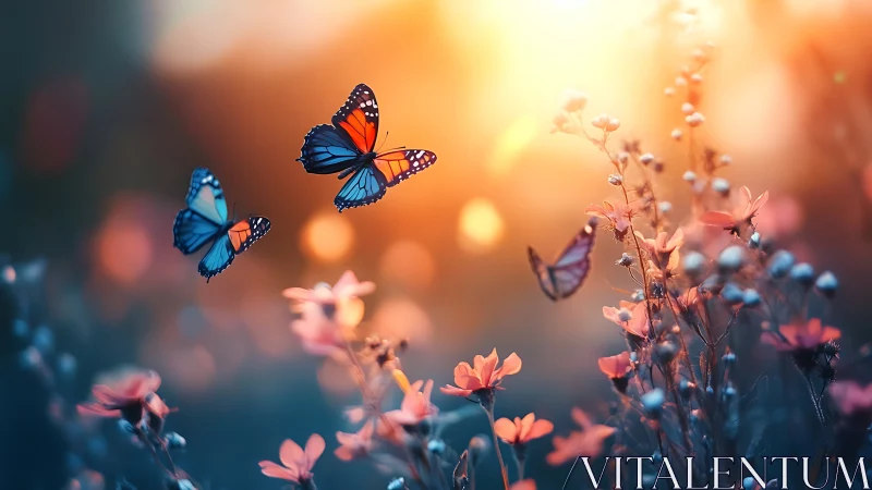 Backlit monarch butterflies over wildflowers at golden hour