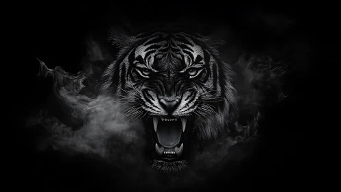 Snarling monochrome tiger head emerging from swirling smoke.