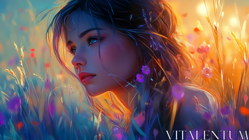 Sunlit profile in dreamy wildflower meadow at dusk.