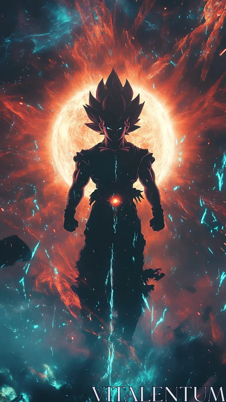 Celestial energy warrior silhouette before erupting solar core