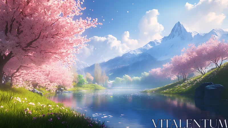 Spring alpine lake with cherry blossom trees and snowy peaks