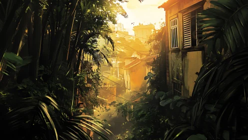 Overgrown alleyway shows dense foliage reclaiming urban housing