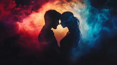 Silhouetted Couple Embraced in Dramatic Chromatic Light.