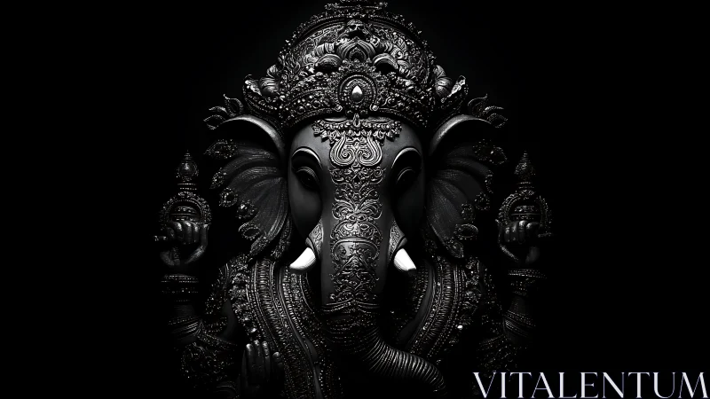 Monochrome render depicts ornate elephant-headed deity figure