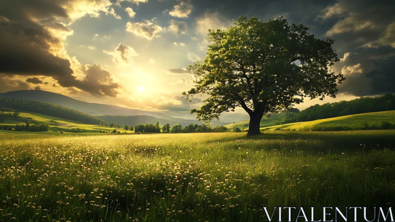 Single tree dominates sunlit meadow under dramatic clouds