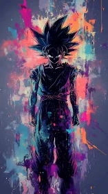 Silhouetted anime fighter stands amid neon splatter field