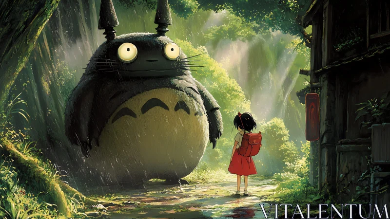 Forest spirit encounter in luminous rain-soaked pathway.