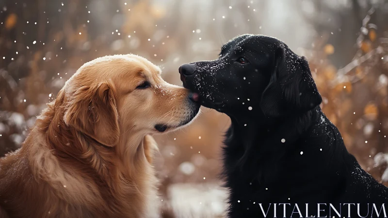 Golden and black retrievers share a tender kiss in snowfall