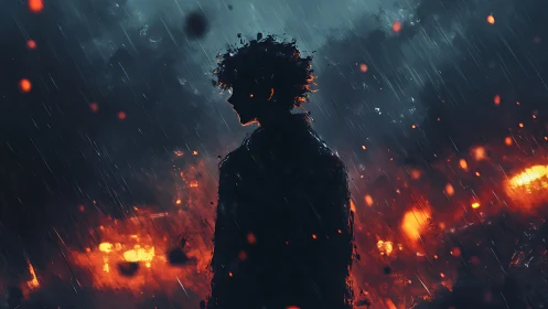 Silhouetted figure in rain against distant burning city.