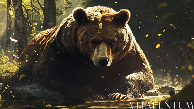 Gentle forest bear resting by a golden sunlit stream.