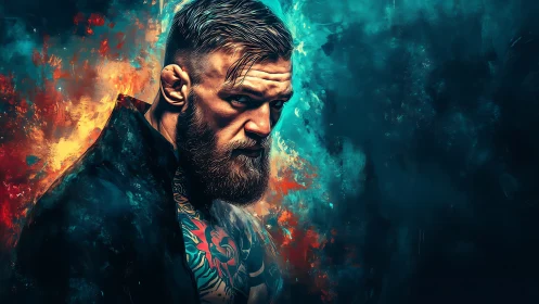 Tattooed fighter portrait in teal and orange digital painting