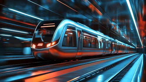 Midnight city metro gliding through neon tunnel light.