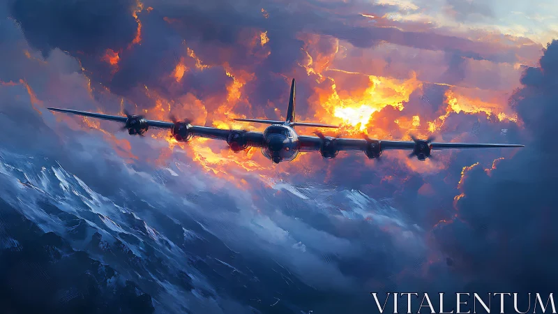 Digital painting of heavy bomber crossing storm-lit horizon.