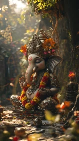 Gentle forest Ganesh statue bathed in soft golden light.