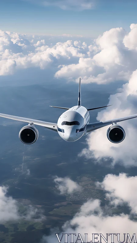 Silver jet carves bright sky corridors between roaming clouds
