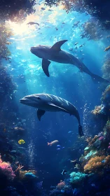 Dolphins swimming above colorful coral reef in sunlight.