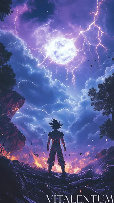 Saiyan warrior faces cosmic lightning storm sky. Period.