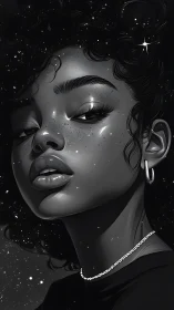 Starlit portrait merges cosmic night sky with poised gaze.