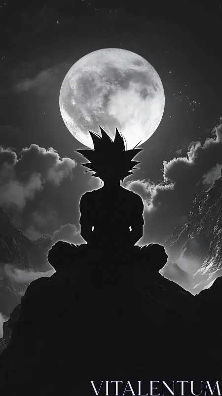 Lone spiky‑haired warrior sits beneath a radiant full moon.