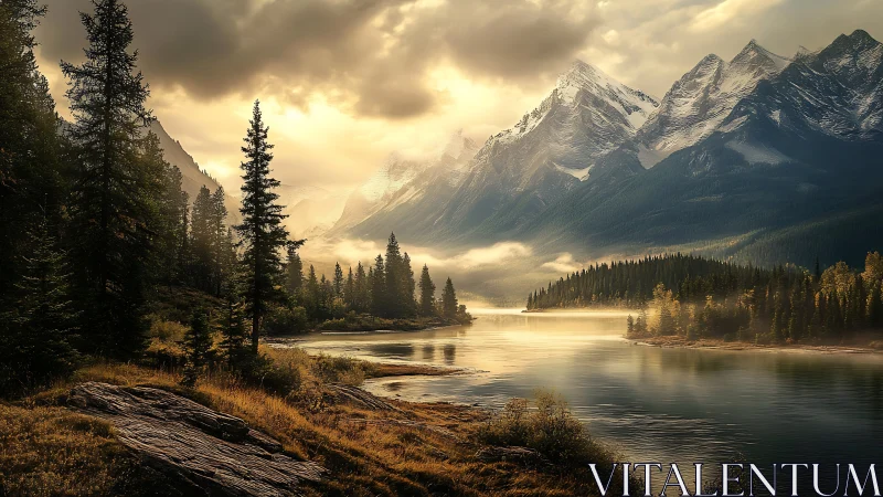 Golden sunrise over misty alpine lake and towering pines