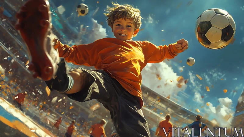 Youth soccer player kicking ball in dynamic stadium scene.