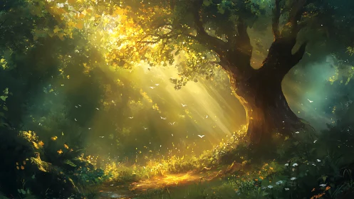 Sunlit forest path glows beneath towering ancient tree