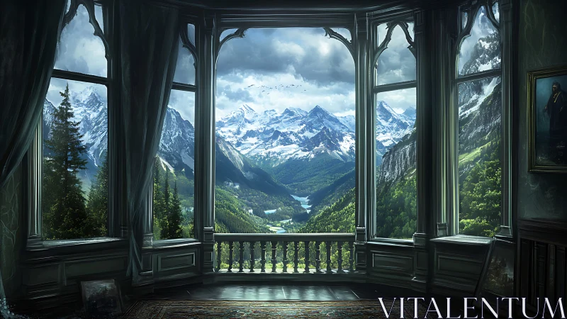 Mountain panorama framed by grand interior windows.