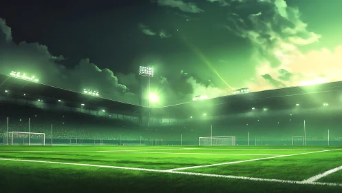 Glowing evening soccer field waiting for the next kickoff.