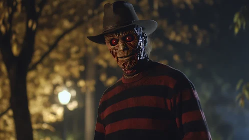 Masked figure in striped sweater stands in dim night lighting