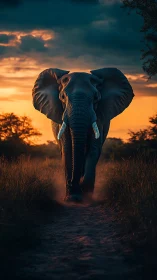 Elephant walks on a dirt path at sunset in frontal view