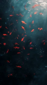 Red fish school suspended in deep blue underwater light field.