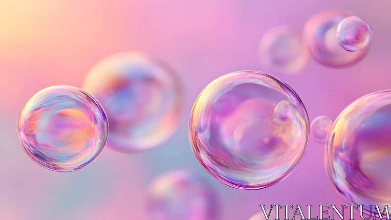 Floating iridescent soap bubbles on soft pastel background.